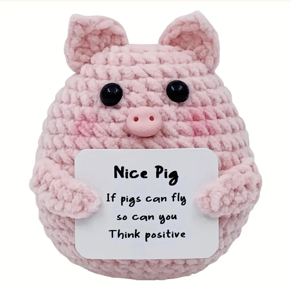 Pink Crochet Amigurumi Pig Mini Plush Toy with Motivational Card Gift